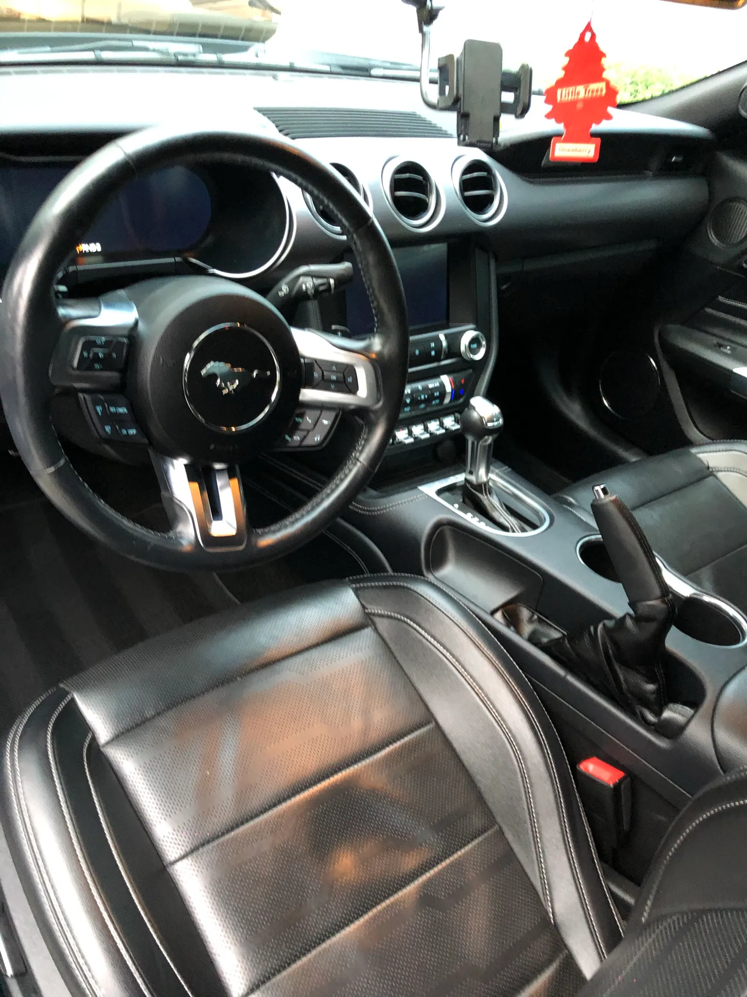 Detailed Mustang GT interior: steering wheel, dashboard, centre console and leather seats